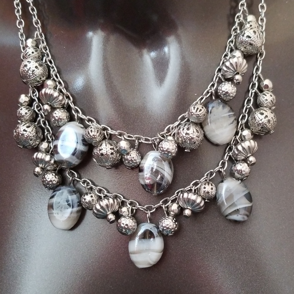 Metal and Stones Double Strands Necklace